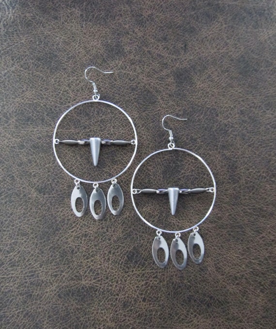 Large silver and hematite hoop earrings