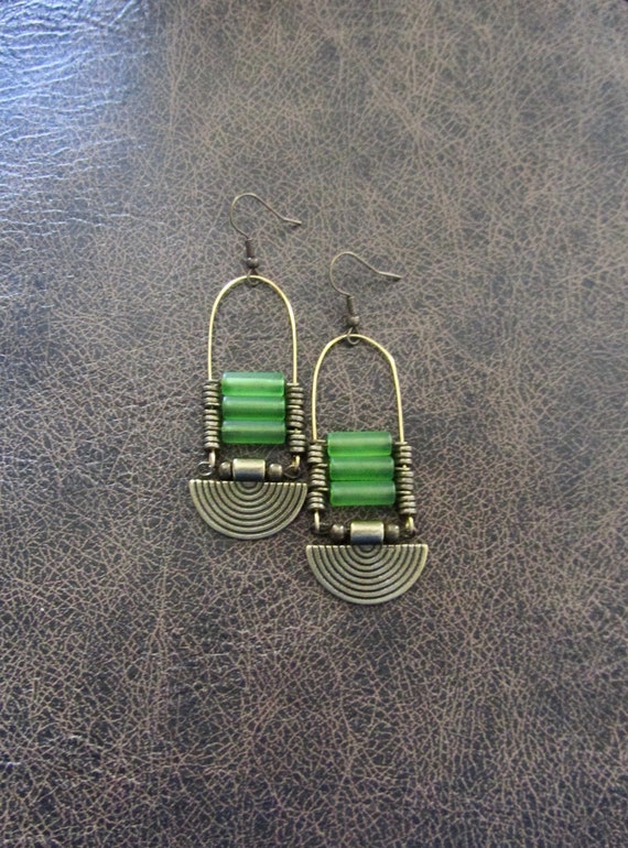 Green frosted glass chandelier earrings, statement earrings, bold earrings, etched brass earrings, tribal ethnic earrings, chic