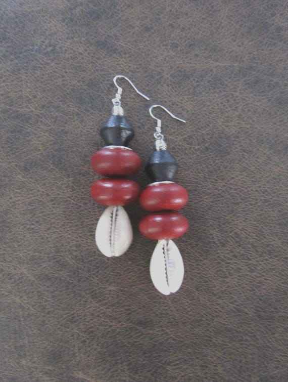 Bold chunky cowrie shell and red wooden earrings