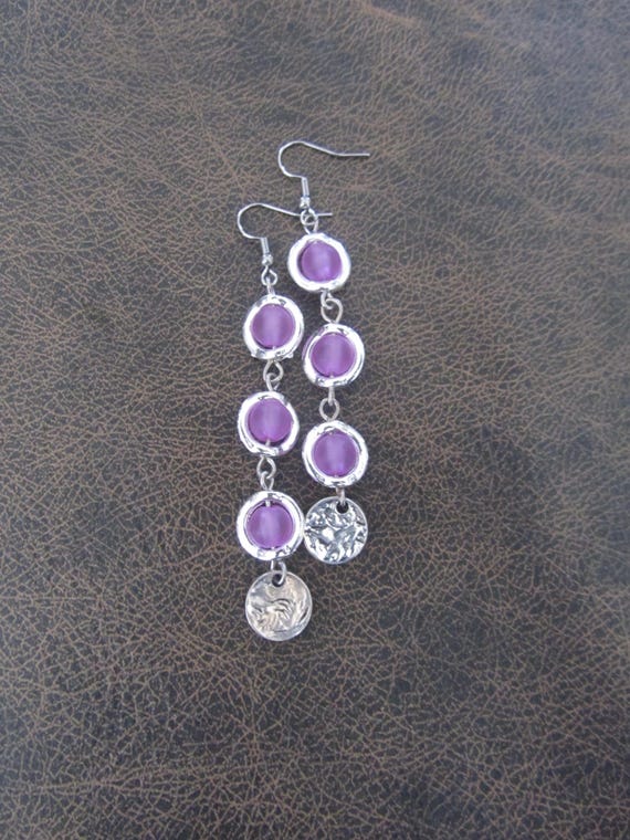 Long pink Frosted Glass Earrings, Silver Bohemian Dangles