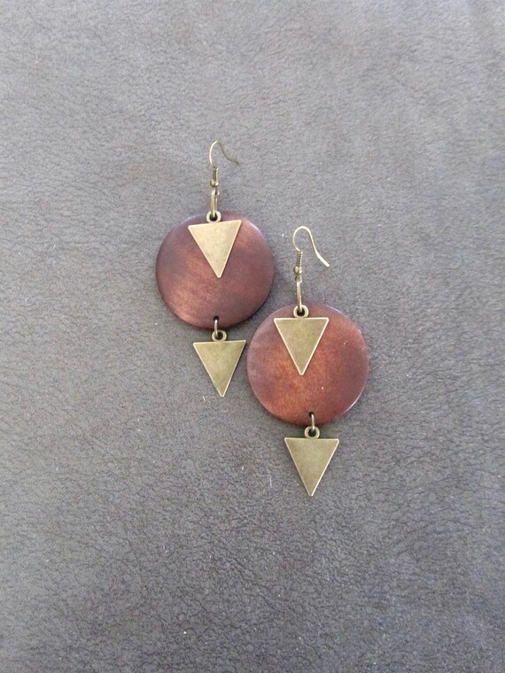 Geometric Wood Earrings: Bronze Triangle Boho Earrings