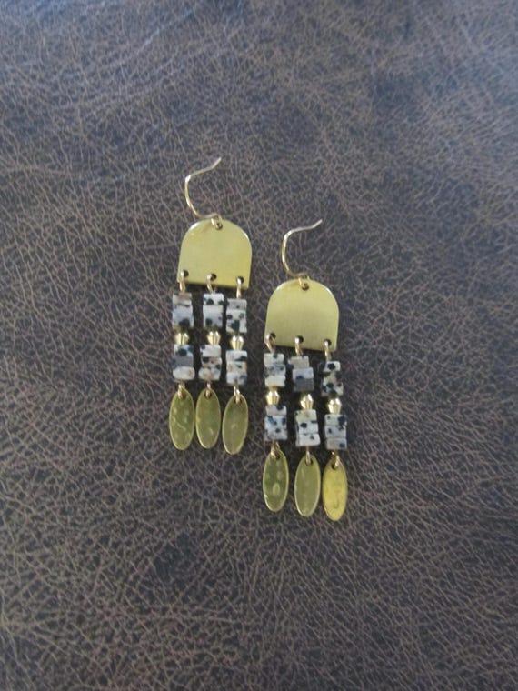 Dalmatian jasper and brass tribal chandelier earrings