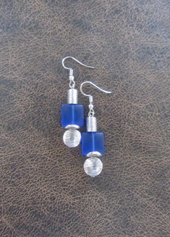 Silver and blue frosted glass earrings
