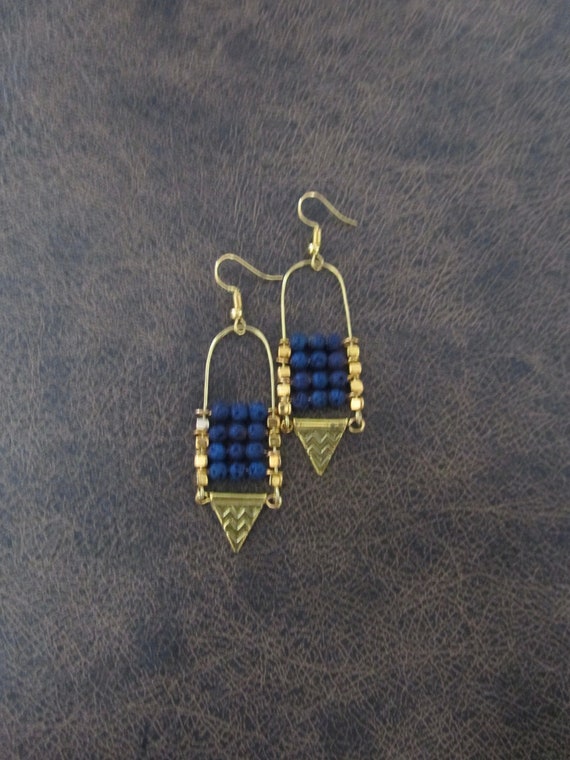 Lava rock chandelier earrings blue and gold