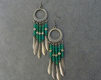 Bronze and green frosted glass chandelier earrings