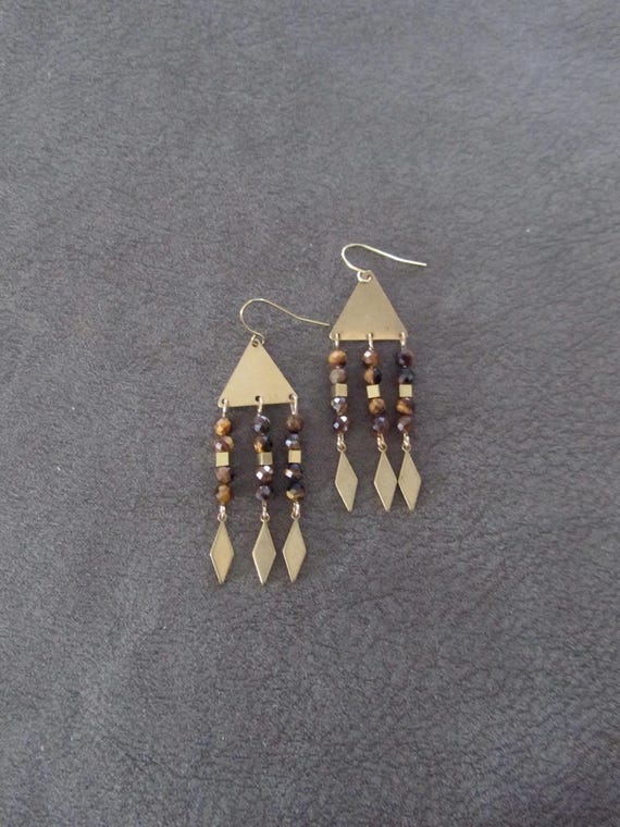Tiger's eye and brass chandelier earrings