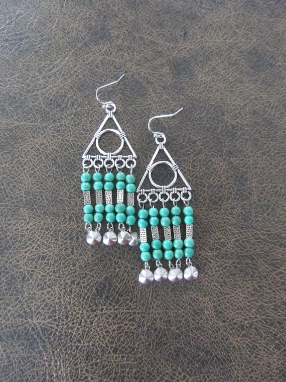 Large green southwestern chandelier earrings