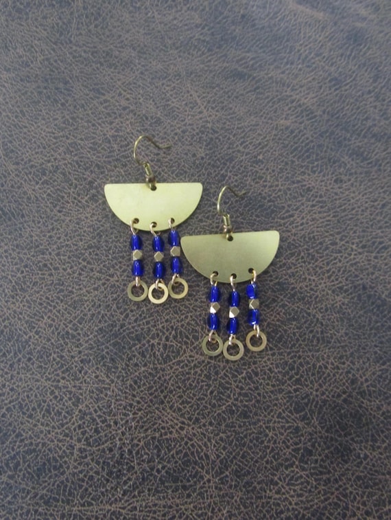 Chandelier royal blue crystal and brass earrings