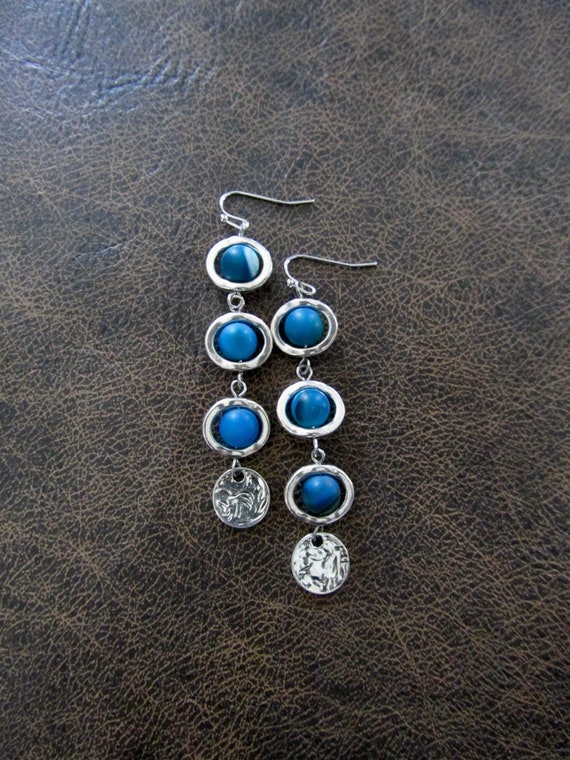 Blue agate and silver dangle earrings