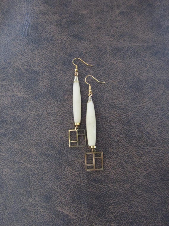 Long cream hairpipe mid century earrings