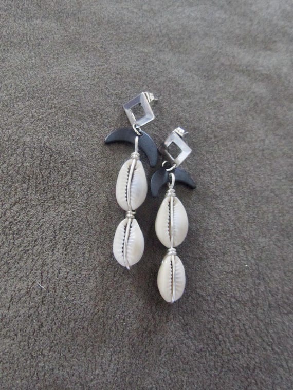 Cowrie shell and black unique modern dangle earrings