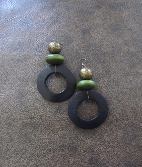 Bold black wooden hoop earrings