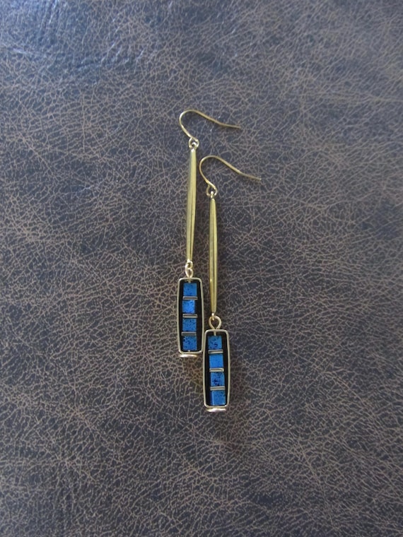Industrial earrings, royal blue lava rock and brass