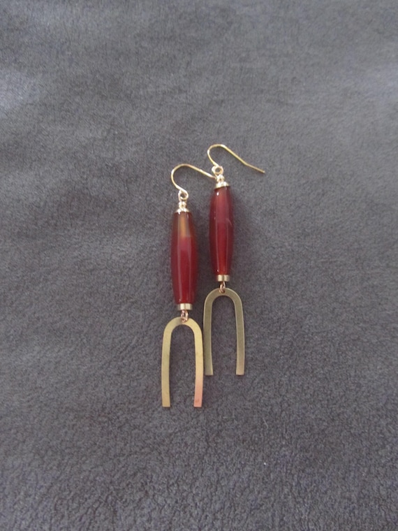 Brass and carnelian mid century modern earrings