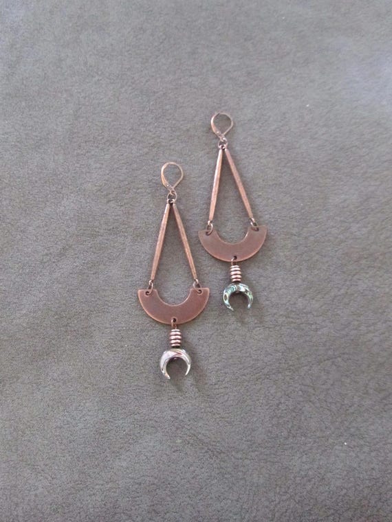 Copper geometric earrings, mid century modern, minimalist abalone