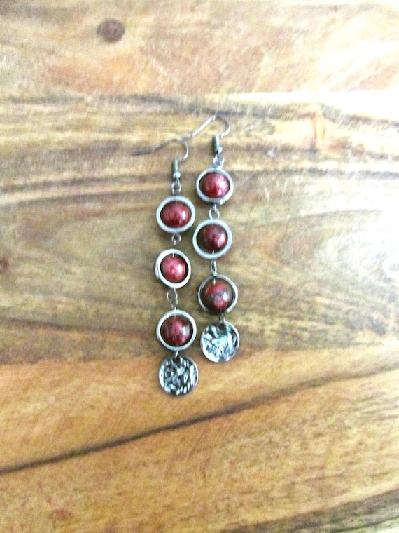 Long raspberry red and gunmetal earrings