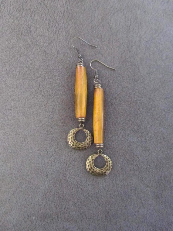 Long hair pipe bone and bronze earrings
