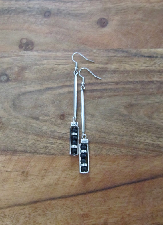 Long black sea glass and silver earrings