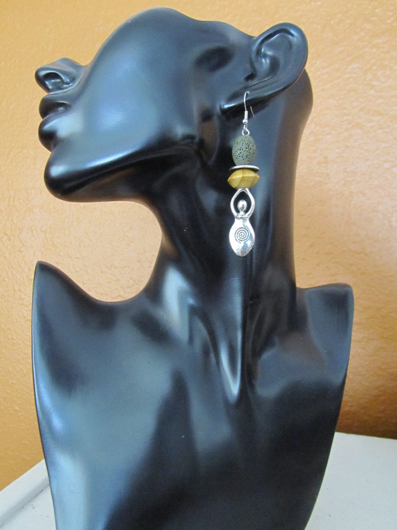 Goddess earrings, African statement earrings, khaki green tribal earrings, primitive earrings, boho chic, female figure image 3