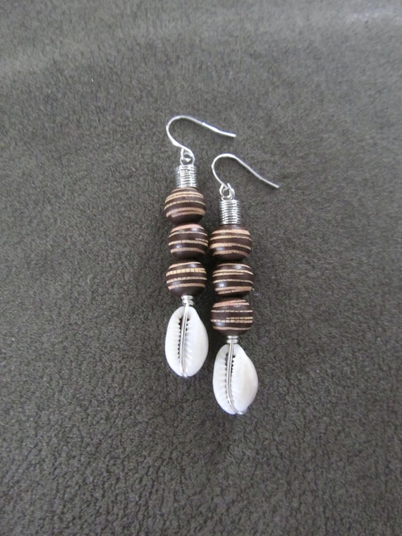 Carved  wooden and cowrie shell earrings