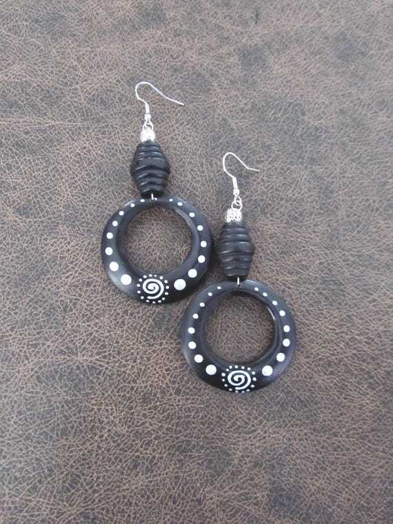 Large tribal painted wooden earrings