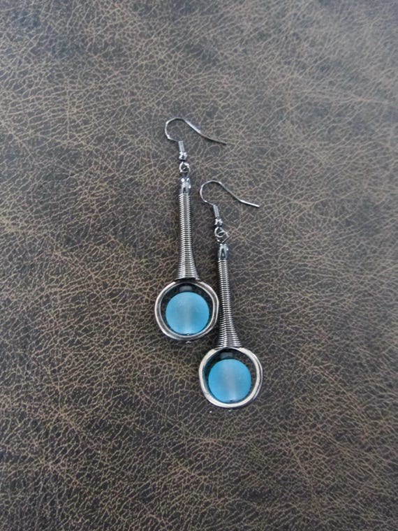 Mid century modern earrings baby blue frosted glass and gunmetal earrings