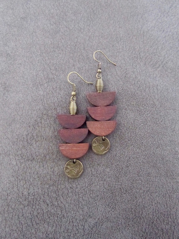 Wooden dangle earrings, mid century modern earrings, bold statement, unique pagoda earrings