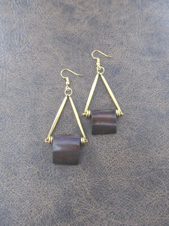 African print bone earrings, brown and gold