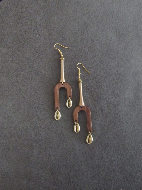 Cowrie shell and wooden mid century modern earrings