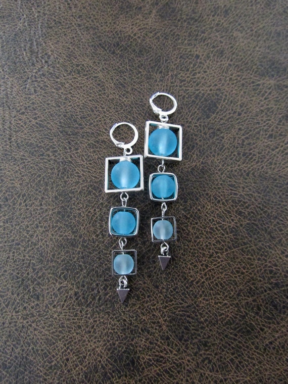 Long blue frosted glass and silver square earrings