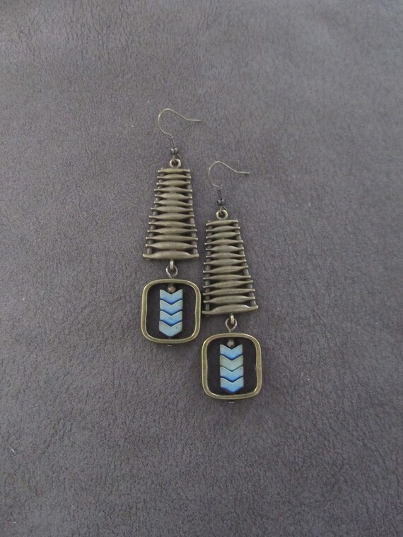 Bronze geometric earrings, statement earrings, chunky bold earrings, etched metal earrings, teal arrow earrings, mid century modern