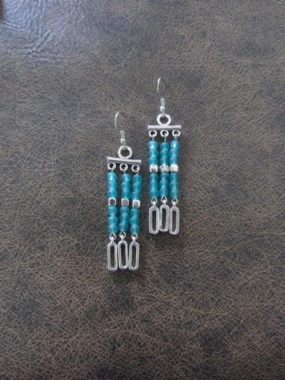 Teal frosted glass chandelier earrings