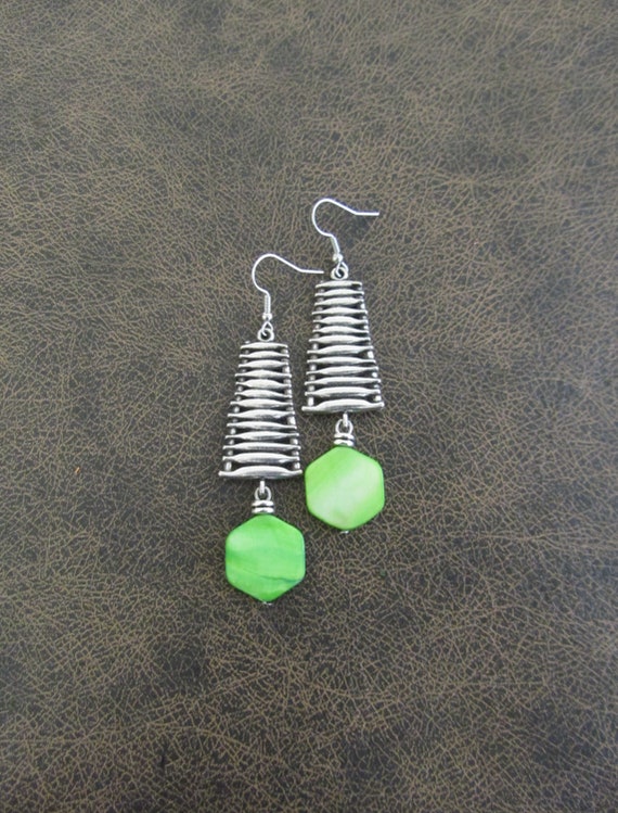 Lime green mother of pearl shell earrings