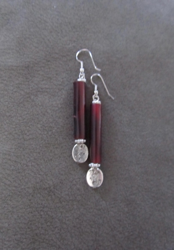 Long red hair pipe bone earrings, silver