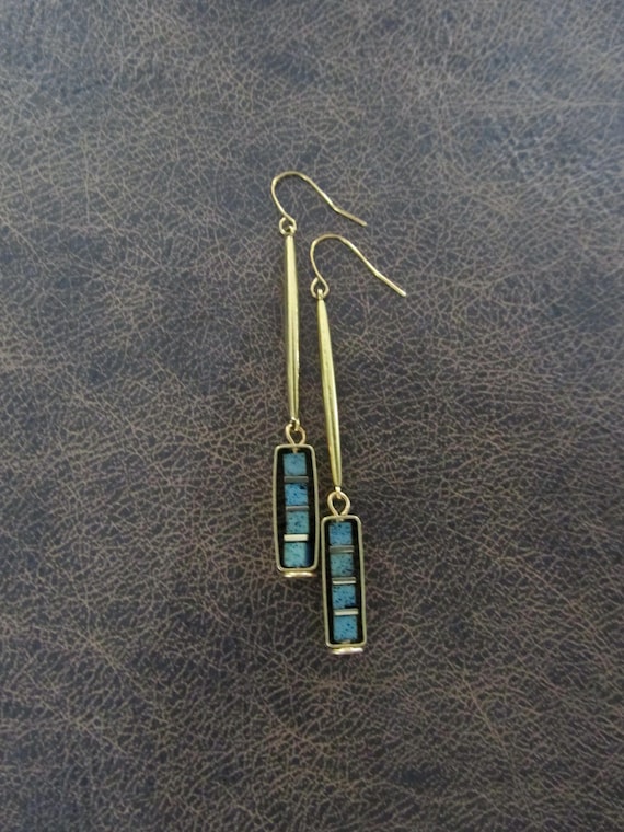 Industrial earrings, teal lava rock and brass minimalist earrings