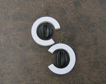 Cowrie shell earrings, large wooden earrings, black and white earrings