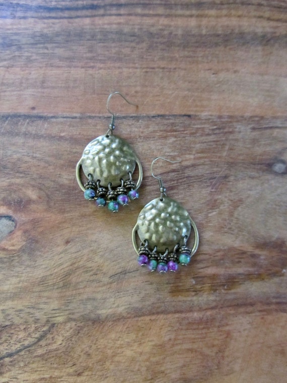 Chandelier earrings, hammered bronze and green and purple stone