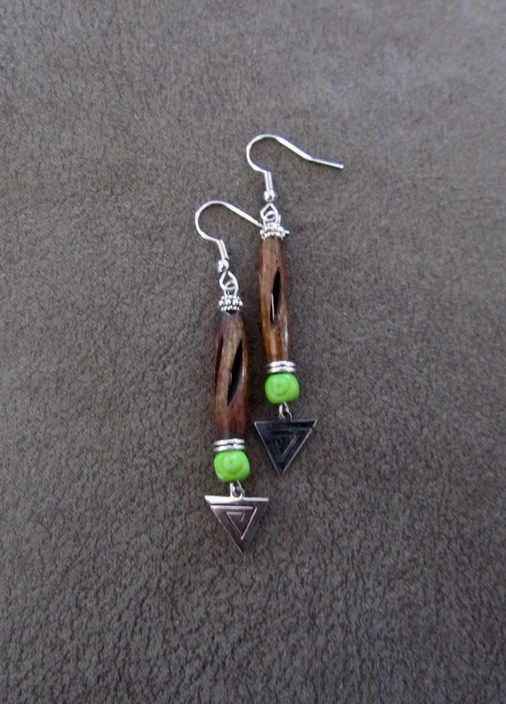 Carved bone and silver earrings, green