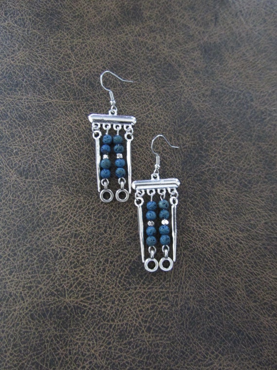 Teal lava rock and silver chandelier earrings