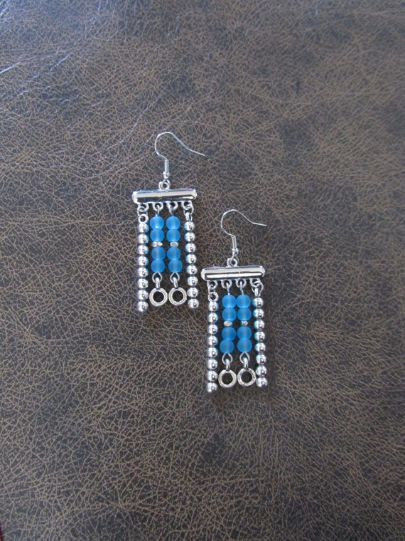 Light blue frosted glass and silver chandelier earrings