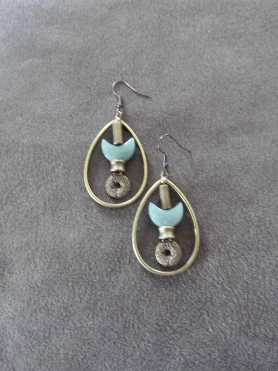 Jadeite and bronze tear drop hoop earrings