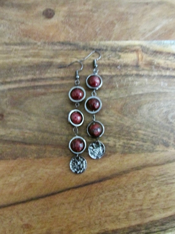 Long raspberry red and gunmetal earrings