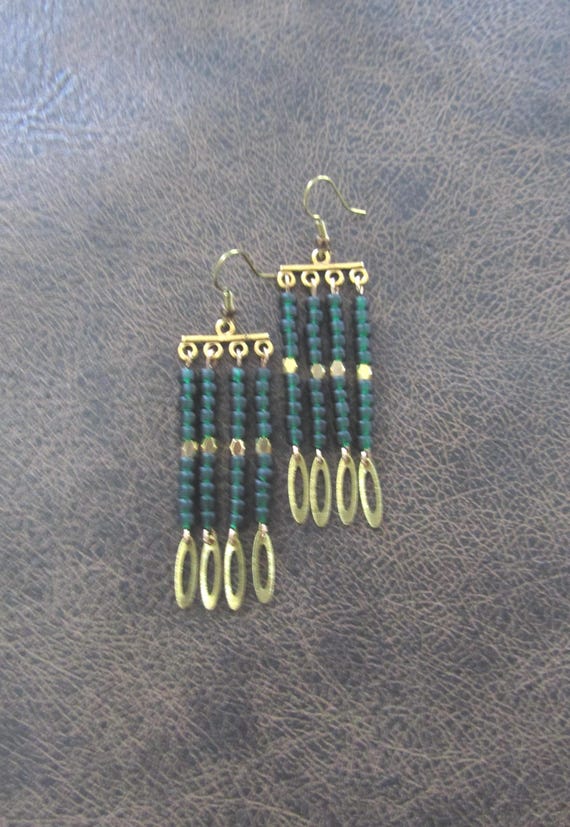 Green seed bead and brass chandelier earrings