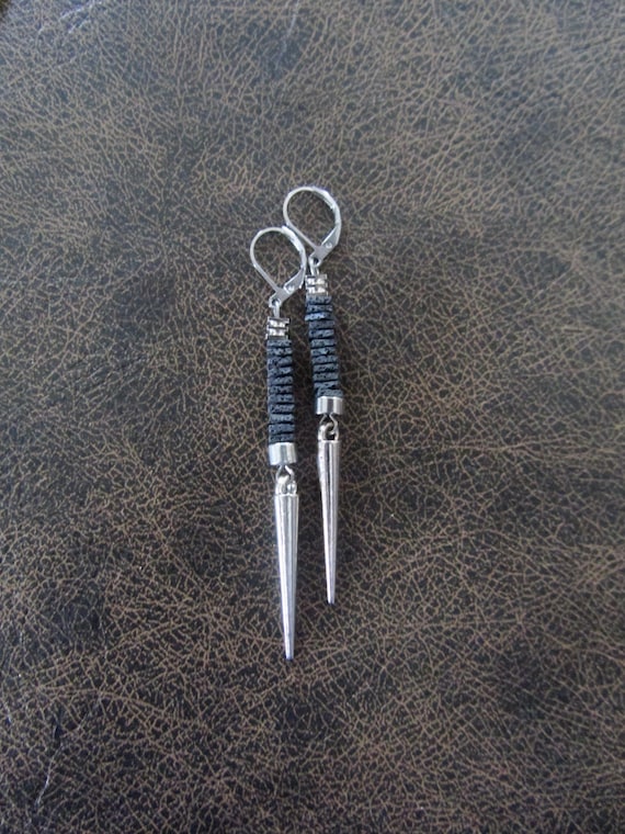 Gray lava rock and silver spike earrings