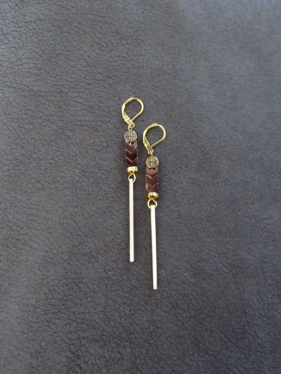 Minimalist brown hematite and gold earrings