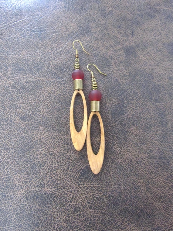 Long Wood Earrings: Red Glass, Afrocentric Bohemian Jewelry
