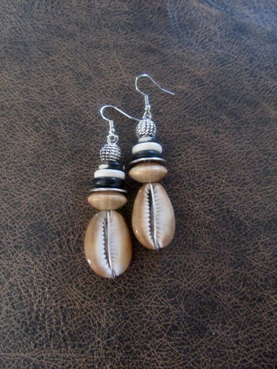Large cowrie shell earrings, bold tribal statement earrings