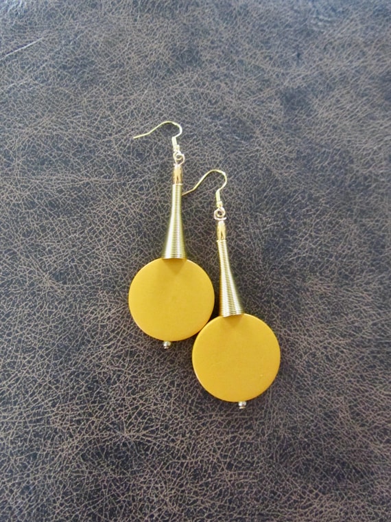 Yellow and gold geometric wooden earrings