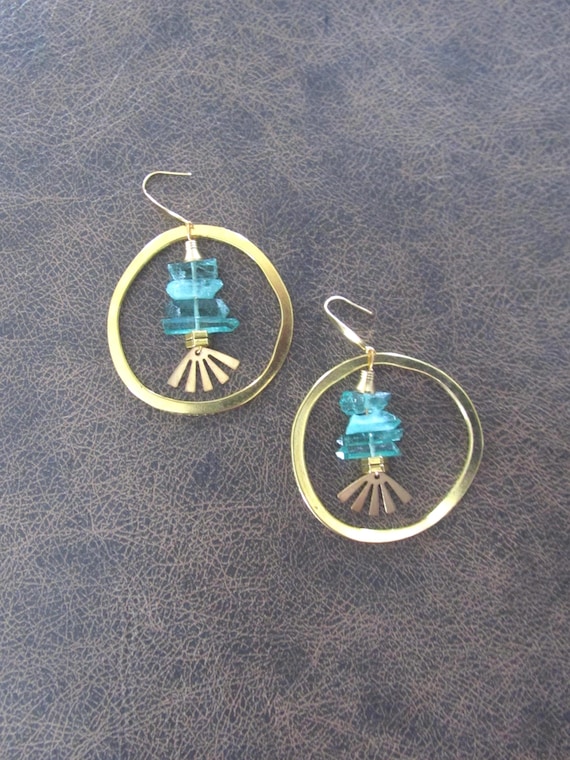 Green raw quartz crystal geode natural bohemian hoop earrings