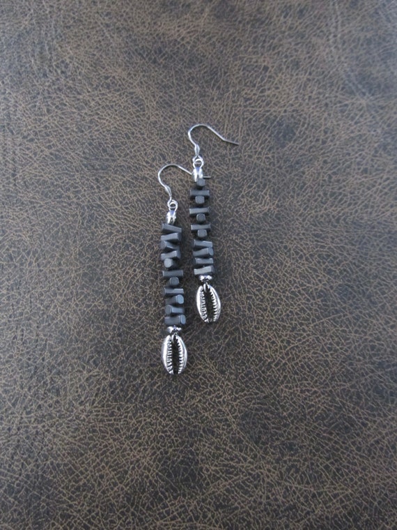 Cowrie shell earrings, gunmetal brutalist earrings